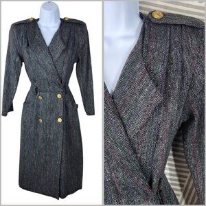 Vintage Tweed Suit Jacket Dress size 4 6 Alt Collar Wool Rainbow Stripe Military